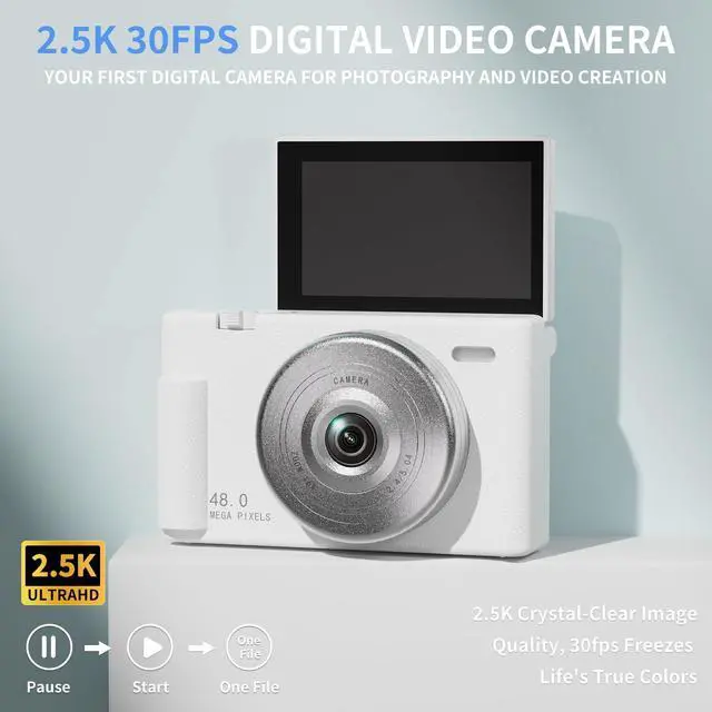 Alt view image 2 of 7 - 2K Digital Camera with 48MP Multi-Filter 16X Zoom Anti Shake, 3" LCD Screen Compact Vlogging Camera with 32G SD-Card, White