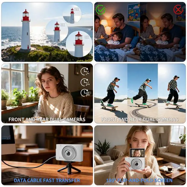 Alt view image 6 of 7 - 2K Digital Camera with 48MP Multi-Filter 16X Zoom Anti Shake, 3" LCD Screen Compact Vlogging Camera with 32G SD-Card, White