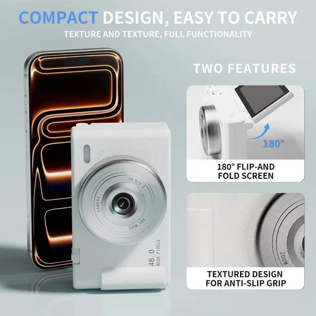 Alt view image 5 of 7 - 2K Digital Camera with 48MP Multi-Filter 16X Zoom Anti Shake, 3" LCD Screen Compact Vlogging Camera with 32G SD-Card, White
