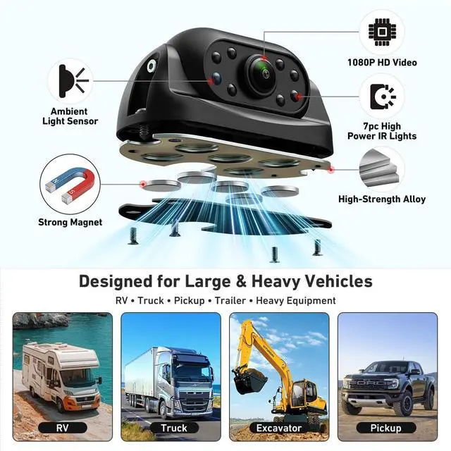 Alt view image 3 of 7 - 1080P Wired RV Backup Camera with Magnetic Mount, IP68 Waterproof Rear View Camera for Truck Pickup Trailer, Night Vision, Heavy-Duty Metal Housing