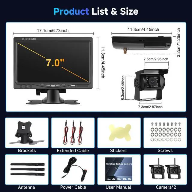 Alt view image 2 of 7 - 1080P HD Wireless Backup Camera System, 7-inch LCD Monitor with 2 Rearview Camera for Trailer RV Camper Truck Car Bus, DIY Guide Lines, IP68 Waterproof, Night Vision, BSD, 12V-36V