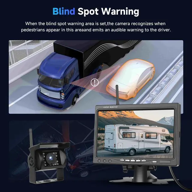 Alt view image 5 of 7 - 1080P HD Wireless Backup Camera System, 7-inch LCD Monitor with 2 Rearview Camera for Trailer RV Camper Truck Car Bus, DIY Guide Lines, IP68 Waterproof, Night Vision, BSD, 12V-36V