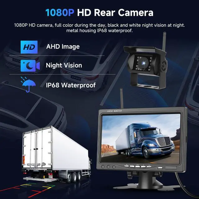 Alt view image 3 of 7 - 1080P HD Wireless Backup Camera System, 7-inch LCD Monitor with 2 Rearview Camera for Trailer RV Camper Truck Car Bus, DIY Guide Lines, IP68 Waterproof, Night Vision, BSD, 12V-36V