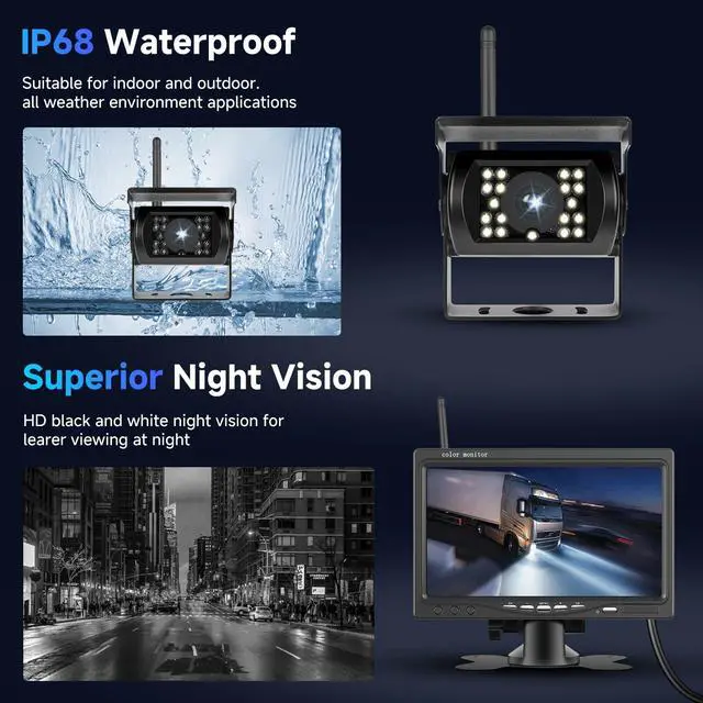 Alt view image 7 of 7 - 1080P HD Wireless Backup Camera System, 7-inch LCD Monitor with 2 Rearview Camera for Trailer RV Camper Truck Car Bus, DIY Guide Lines, IP68 Waterproof, Night Vision, BSD, 12V-36V