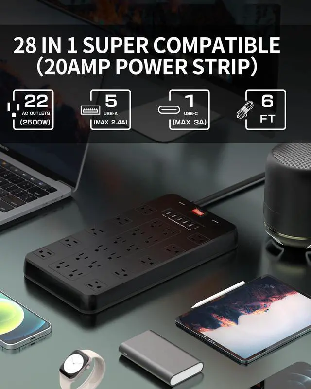 Alt view image 2 of 6 - 20A Surge Protector Heavy Duty Power Strip, 22 Outlets 6 FT Cord | 20 Amp Heavy Duty Surge Protector 12 Gauge Cord 2100J 22 Outlets With USB C for Garage Workshop & Kitchen