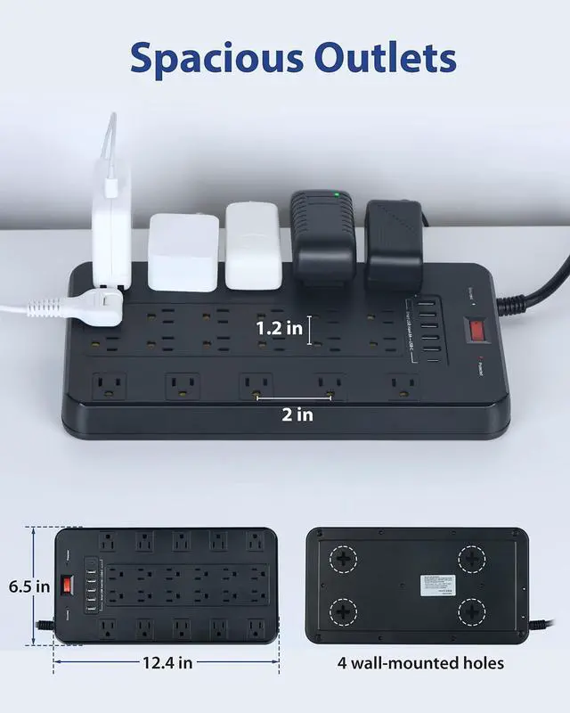 Alt view image 5 of 6 - 20A Surge Protector Heavy Duty Power Strip, 22 Outlets 6 FT Cord | 20 Amp Heavy Duty Surge Protector 12 Gauge Cord 2100J 22 Outlets With USB C for Garage Workshop & Kitchen