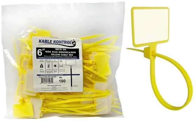 Main image of Write-On Flag Identification Zip Ties 6 Inch 100 Pcs - Yellow | Cable Markers 17/8" x 11/8" Writable Wide Flag SelfLocking Nylon Marker Cable Ties for Cable Labeling