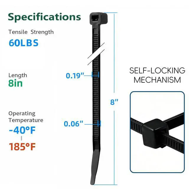 Alt view image 2 of 7 - 8 Inch Black Zip Ties 2500 Pack Heavy Duty 60LBS UV Resistant | Cable Ties Nylon PA66 Long Wire Ties for Garden Outdoor Fencing and Home Organizing