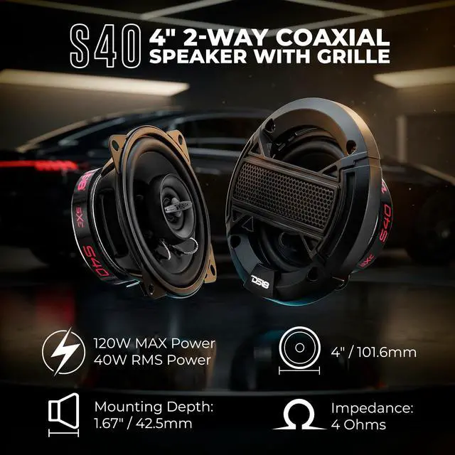 Alt view image 2 of 7 - S40 4 Inch Car Audio Coaxial Speaker Pair - 120W Max (40W RMS) 4 Ohm 2-Way Coax with Grill, Black Matte Steel Basket, and Barium Ferrite Magnet - Upgrade Factory Speakers