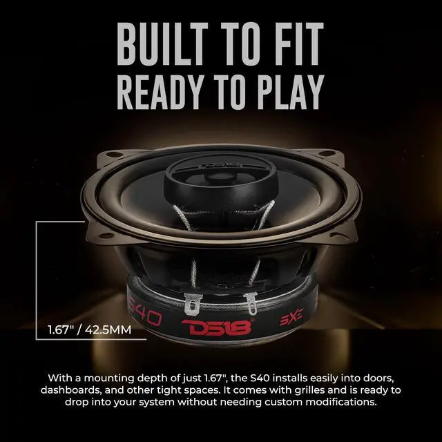 Alt view image 4 of 7 - S40 4 Inch Car Audio Coaxial Speaker Pair - 120W Max (40W RMS) 4 Ohm 2-Way Coax with Grill, Black Matte Steel Basket, and Barium Ferrite Magnet - Upgrade Factory Speakers