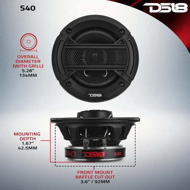 Alt view image 5 of 7 - S40 4 Inch Car Audio Coaxial Speaker Pair - 120W Max (40W RMS) 4 Ohm 2-Way Coax with Grill, Black Matte Steel Basket, and Barium Ferrite Magnet - Upgrade Factory Speakers