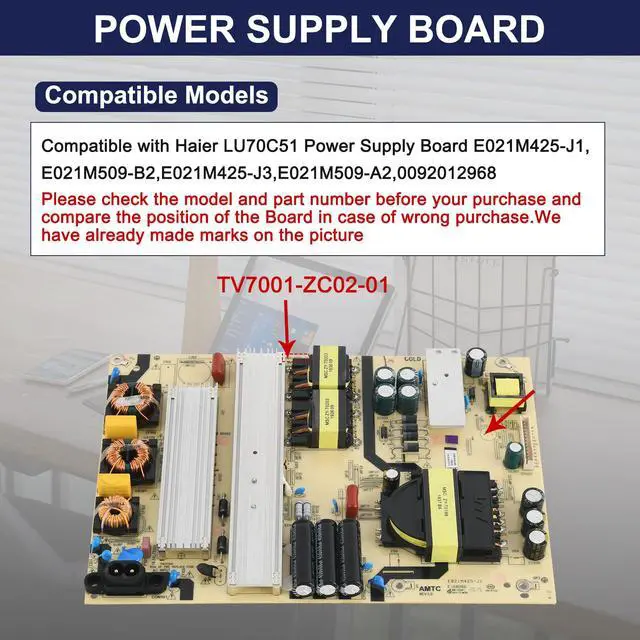 Alt view image 2 of 7 - Power Supply Board TV7001-ZC02-01 for ONN & Haier 70in TV | Replaces E021M425-J1/J3, E021M509-A2/B2. 220V input, 12V/24V output. FR-4 PCB. 5 safety protections