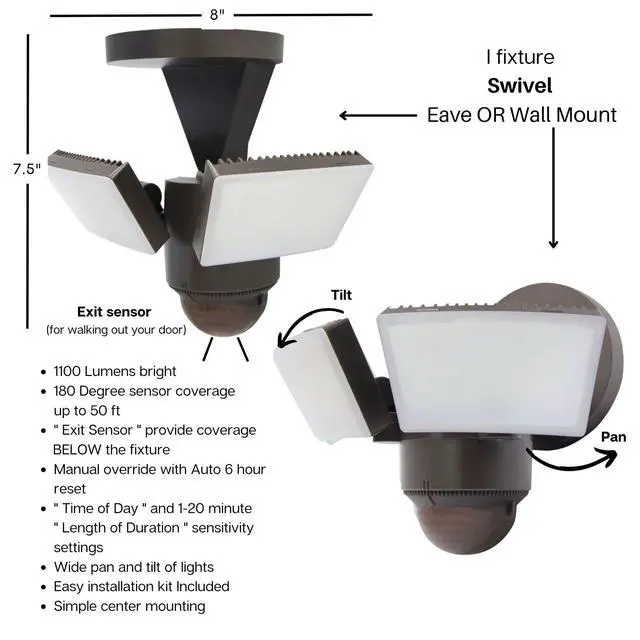 Alt view image 2 of 7 - LED Outdoor Motion Sensor Security Floodlight 1100 Lumens, 180° Detection, Weatherproof Design, Versatile Eave or Wall Mounting, Exit Detection, Rotatable Sensor BZ