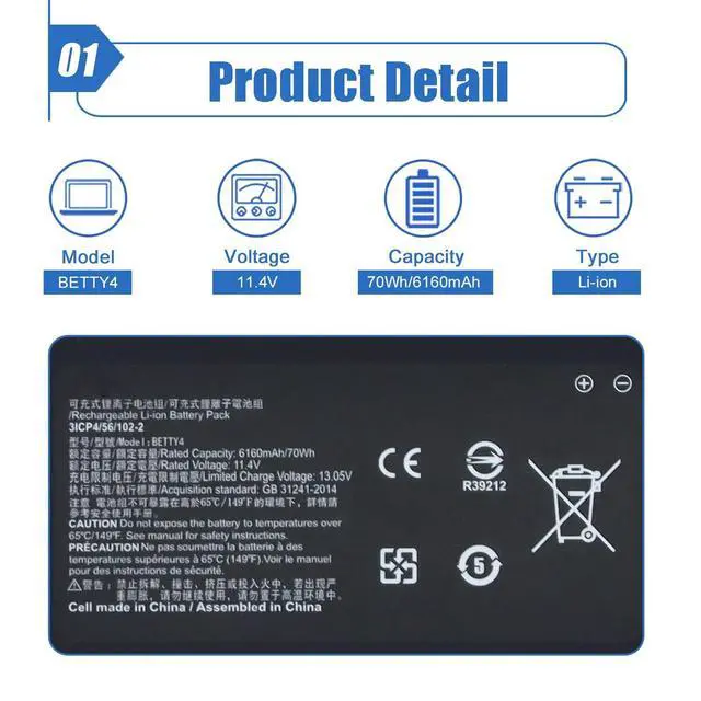 Alt view image 2 of 6 - BETTY4 Laptop Battery Replacement for Razer Blade 2016 14" V2 Series Notebook 3ICP4/56/102-2 RZ09-0195 RZ09-0165 RZ09-01953E72 RZ09-01952E72 RZ09-01652E21 RZ09-01953W52 11.4V 70Wh