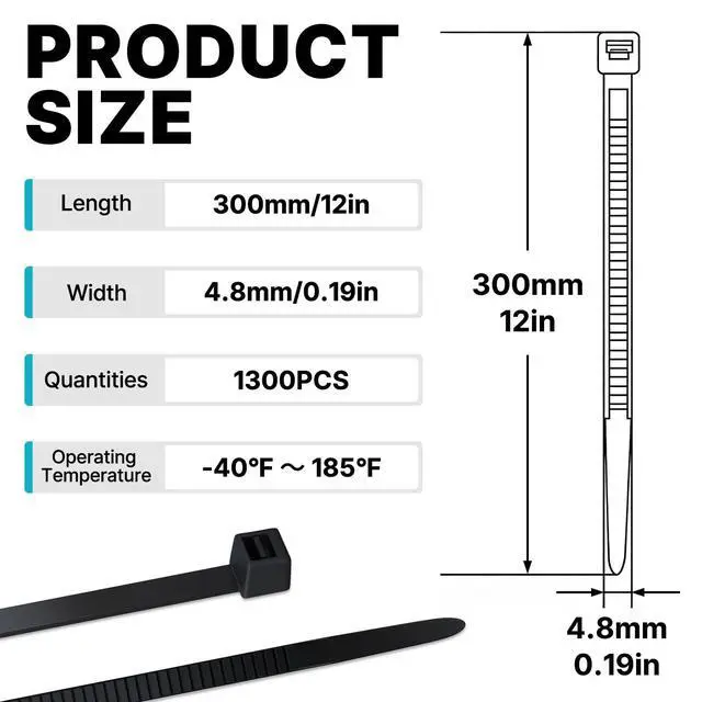 Alt view image 2 of 7 - 12 Inch Black Zip Ties 1300 Pack, 75 LBS Tensile Strength UV Resistant Self-Locking Plastic Cable Ties for Indoor Outdoor Use