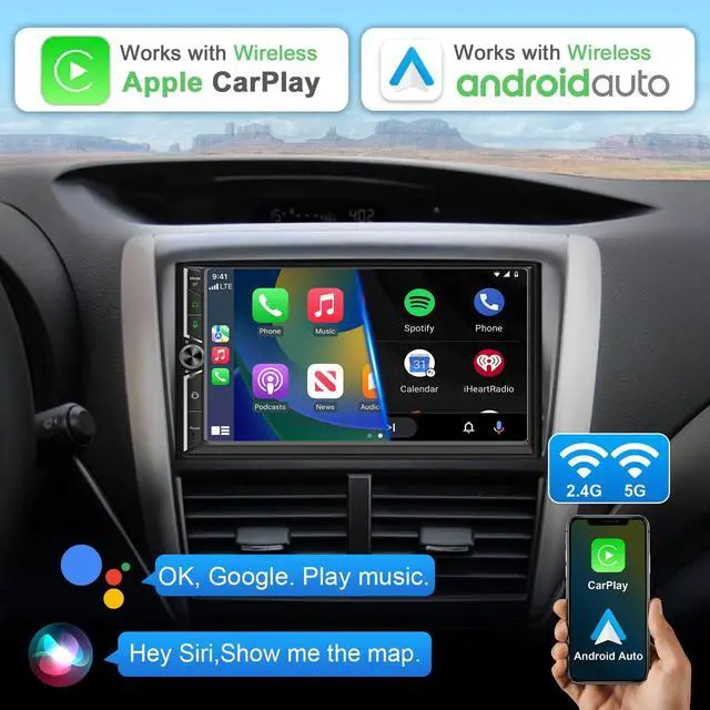 Alt view image 3 of 6 - Double Din Car Stereo Wireless Apple CarPlay Wireless Android Auto,7 Inch QLED Touchscreen Android Car Radio with Bluetooth,WiFi, GPS Navigation,Subwoofer,USB/SWC/AUX/FM