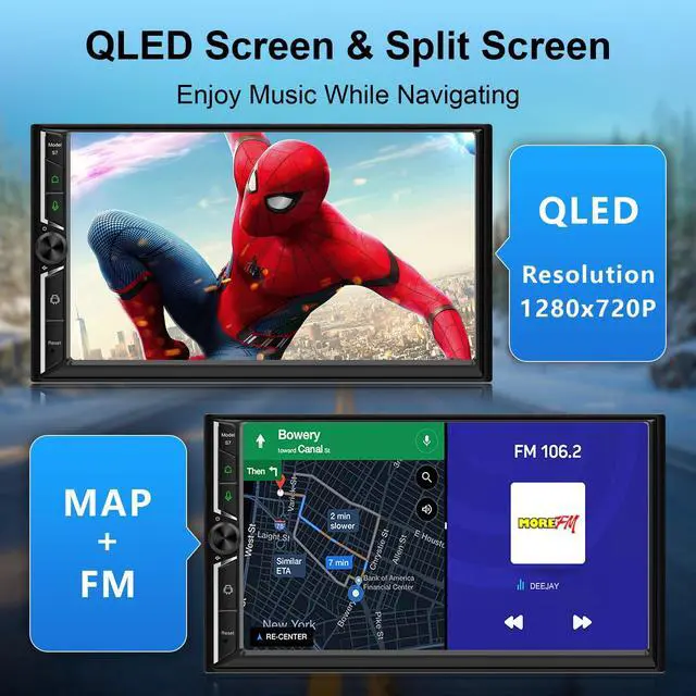 Alt view image 4 of 6 - Double Din Car Stereo Wireless Apple CarPlay Wireless Android Auto,7 Inch QLED Touchscreen Android Car Radio with Bluetooth,WiFi, GPS Navigation,Subwoofer,USB/SWC/AUX/FM