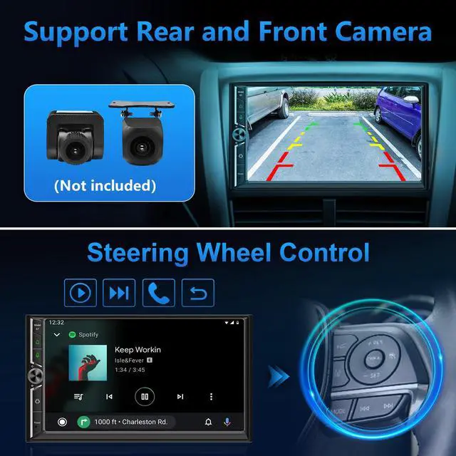 Alt view image 5 of 6 - Double Din Car Stereo Wireless Apple CarPlay Wireless Android Auto,7 Inch QLED Touchscreen Android Car Radio with Bluetooth,WiFi, GPS Navigation,Subwoofer,USB/SWC/AUX/FM