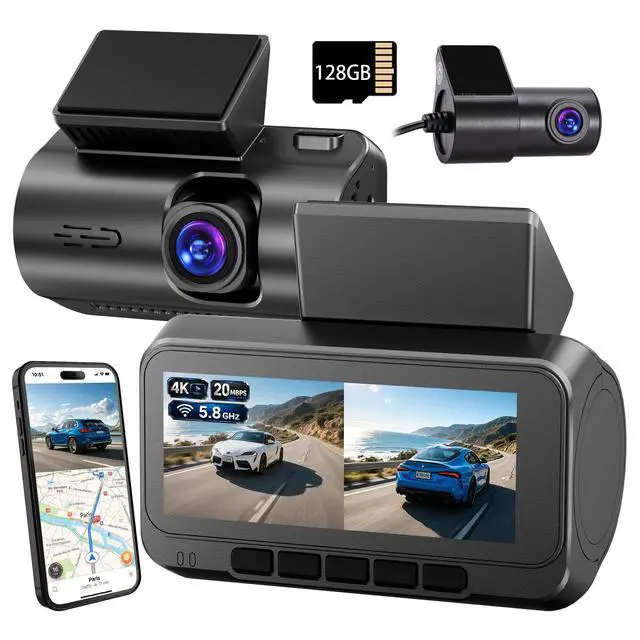 Main image of Dash Cam Front 4K Rear 1080P, Built-in 5G WiFi & GPS, 3.16 Inch IPS Screen, HDR Night Vision, G-Sensor Loop Recording, Suction Mount Car Camera for Vehicle SafetySupport 512GB, Free 128GB TF Card