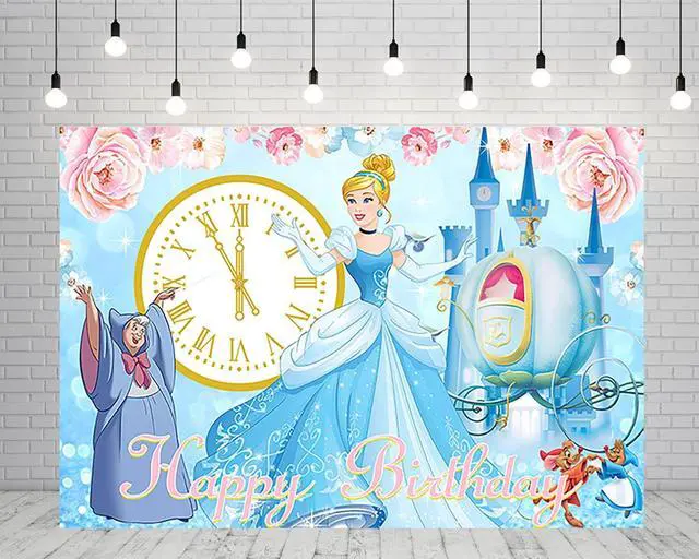 Main image of Princess Backdrop for Birthday Party Supplies 5x3ft Blue Photo Backgrounds Princess Cinderella Theme Baby Shower Banner for Birthday Cake Table Decoration