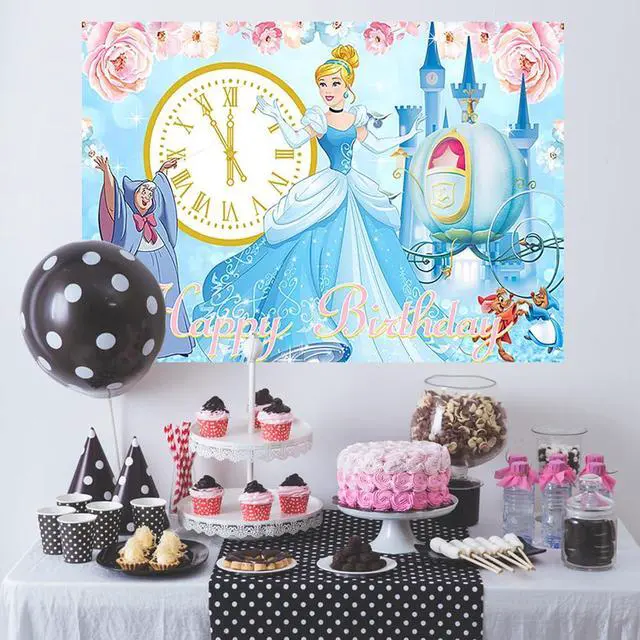 Alt view image 3 of 4 - Princess Backdrop for Birthday Party Supplies 5x3ft Blue Photo Backgrounds Princess Cinderella Theme Baby Shower Banner for Birthday Cake Table Decoration