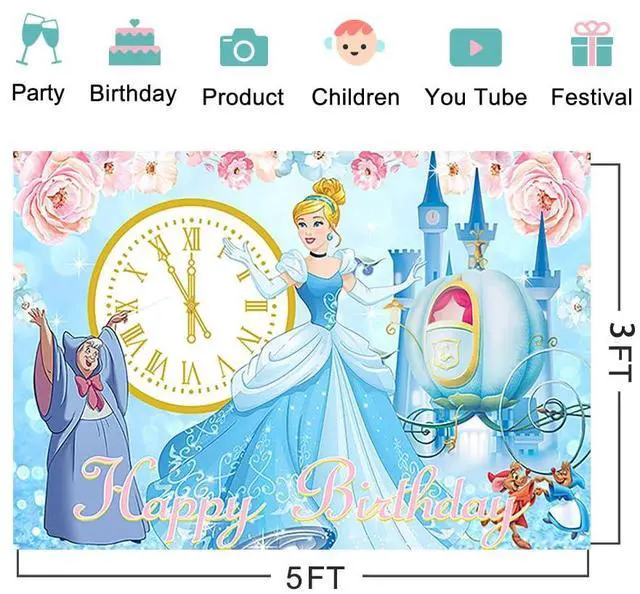 Alt view image 2 of 4 - Princess Backdrop for Birthday Party Supplies 5x3ft Blue Photo Backgrounds Princess Cinderella Theme Baby Shower Banner for Birthday Cake Table Decoration