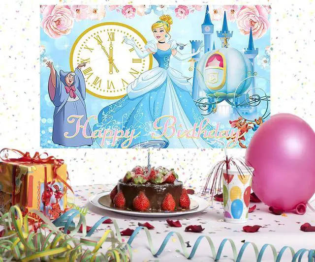 Alt view image 4 of 4 - Princess Backdrop for Birthday Party Supplies 5x3ft Blue Photo Backgrounds Princess Cinderella Theme Baby Shower Banner for Birthday Cake Table Decoration