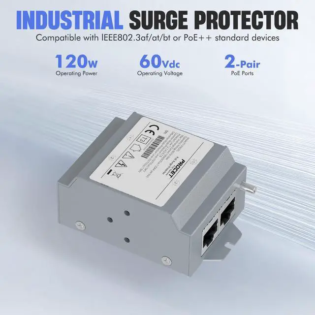 Alt view image 2 of 7 - PROCET Ethernet Surge Protector Gigabit - 2 Pairs Port 20KV Industrial Lightning Arrestor for -40°F to 185°F, 120W/port PoE++ RJ45 Surge Protector, 10/100/1000Mbps, Gas Discharge TubeGDT, PT-PR02G