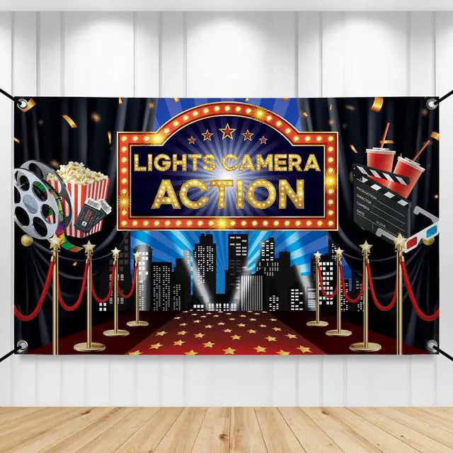 Main image of Lights Camera Action Backdrop 72x44 Inch, Movie Party Decorations | Movie Theme Party Decorations, Oscar Party Decorations, Lights Camera Action Decorations, Hollywood Backdrop