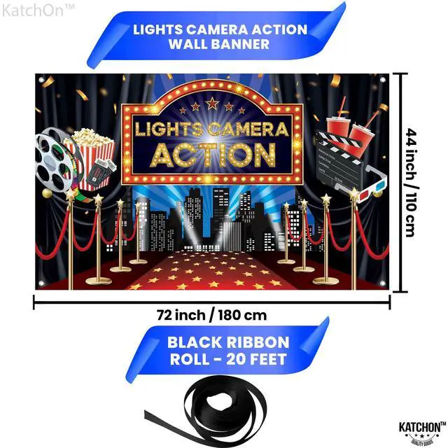 Alt view image 2 of 7 - Lights Camera Action Backdrop 72x44 Inch, Movie Party Decorations | Movie Theme Party Decorations, Oscar Party Decorations, Lights Camera Action Decorations, Hollywood Backdrop