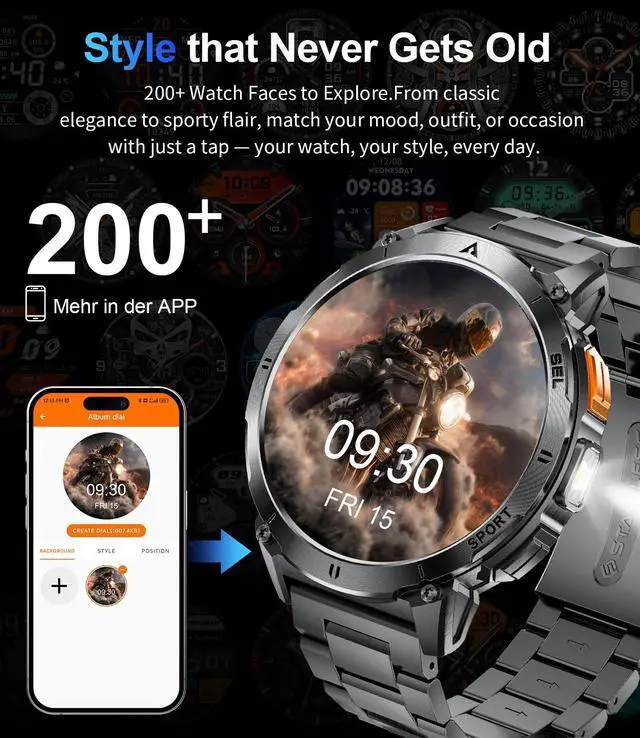 Alt view image 7 of 7 - Military Smart Watches for Men, Smartwatch with 730mAh/1.62" AMOLED Screen/Flashlight/Heart Rate/Sleep/Calling/110+ Sports Mode, Rugged Men's Fitness Tracker Watch for Android iOS,Black