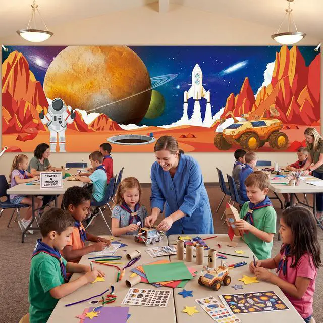 Alt view image 4 of 6 - Outer Space Party Decorations 18 x 6 ft Galaxy 2026 Vbs Decorations Astronaut Rocket Backdrop Outer Space Theme Decor for Summer Church Sunday Bible School Classroom Birthday