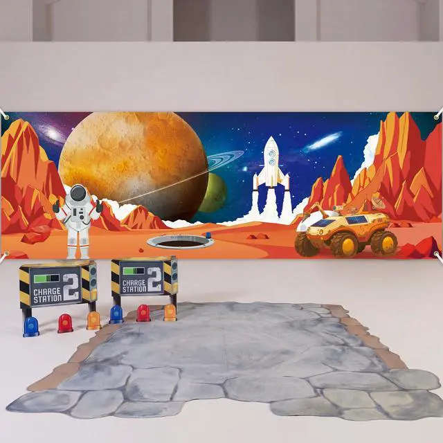 Alt view image 5 of 6 - Outer Space Party Decorations 18 x 6 ft Galaxy 2026 Vbs Decorations Astronaut Rocket Backdrop Outer Space Theme Decor for Summer Church Sunday Bible School Classroom Birthday