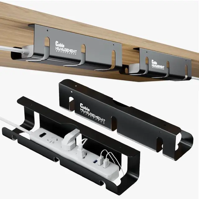 Main image of Under Desk Cable Management Tray, 2-Pack 16" Cable Organizer | No-Drill Clamp & Screw Mount, Cable Hider, Cord Organizer for Desk, Power Strip Holder, Aluminum Alloy, Holds 15lbs