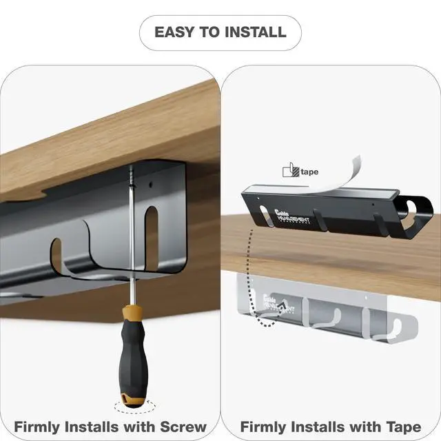 Alt view image 3 of 7 - Under Desk Cable Management Tray, 2-Pack 16" Cable Organizer | No-Drill Clamp & Screw Mount, Cable Hider, Cord Organizer for Desk, Power Strip Holder, Aluminum Alloy, Holds 15lbs
