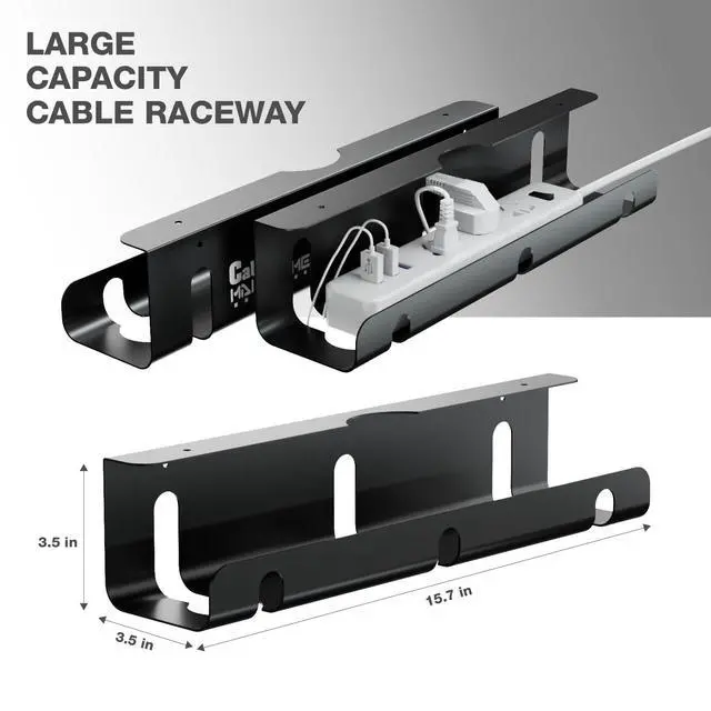 Alt view image 5 of 7 - Under Desk Cable Management Tray, 2-Pack 16" Cable Organizer | No-Drill Clamp & Screw Mount, Cable Hider, Cord Organizer for Desk, Power Strip Holder, Aluminum Alloy, Holds 15lbs