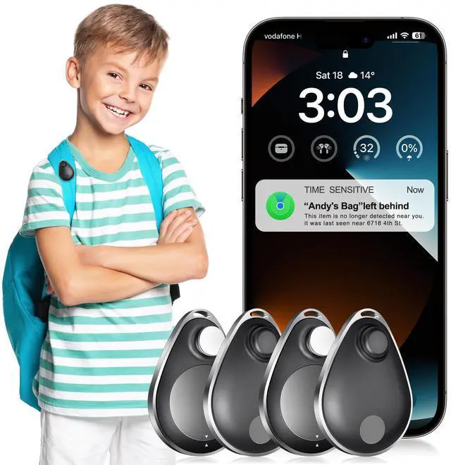 Main image of GPS Tracker for Kids 4 Pack with Magnetic Unlocker, Hidden Anti-Removal Pin Tag, AirTag Alternative Works with Apple Find My (iOS only), No Monthly Fee, Tracking Device for Children Luggage