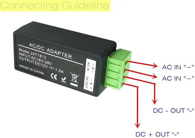 Alt view image 2 of 5 - 24V AC to 12V DC Convertor, 1.5 Amp Supply Current Power Adapter with 2.1 x 5.5mm DC Power Male Plug Pigtail for CCTV Surveillance Security Camera, LED Strips