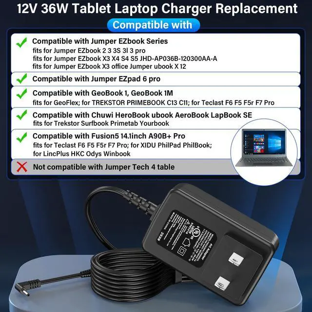 Alt view image 3 of 7 - 12V 3A Tablet Laptop Charger Compatible with Jumper EZbook X3 X4 S4 S5 2 3 | Power Cord AC Adapter Fit for Jumper EZbook 3S 3l Pro EZpad 6 Pro 3 Plus A5, Fits for Chuwi HeroBook Ubook AeroBook LapBook