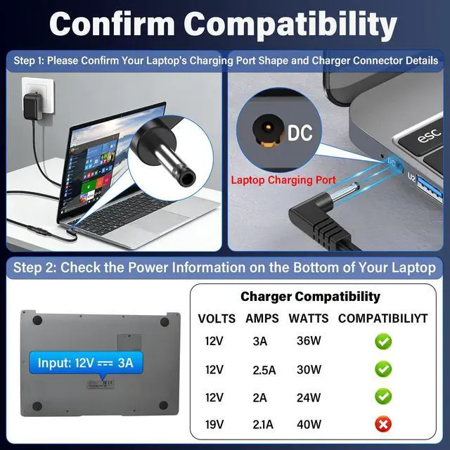 Alt view image 4 of 7 - 12V 3A Tablet Laptop Charger Compatible with Jumper EZbook X3 X4 S4 S5 2 3 | Power Cord AC Adapter Fit for Jumper EZbook 3S 3l Pro EZpad 6 Pro 3 Plus A5, Fits for Chuwi HeroBook Ubook AeroBook LapBook
