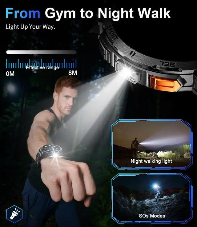 Alt view image 4 of 7 - Military Smart Watches for Men, Smartwatch with 730mAh/1.62" AMOLED Screen/Flashlight/Heart Rate/Sleep/Calling/110+ Sports Mode, Rugged Men's Fitness Tracker Watch for Android iOS,Black