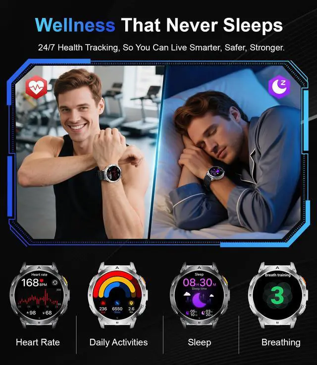 Alt view image 5 of 7 - Military Smart Watches for Men, Smartwatch with 730mAh/1.62" AMOLED Screen/Flashlight/Heart Rate/Sleep/Calling/110+ Sports Mode, Rugged Men's Fitness Tracker Watch for Android iOS,Black