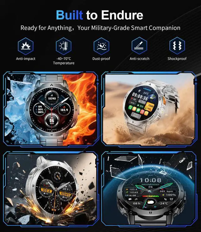 Alt view image 2 of 7 - Military Smart Watches for Men, Smartwatch with 730mAh/1.62" AMOLED Screen/Flashlight/Heart Rate/Sleep/Calling/110+ Sports Mode, Rugged Men's Fitness Tracker Watch for Android iOS,Black