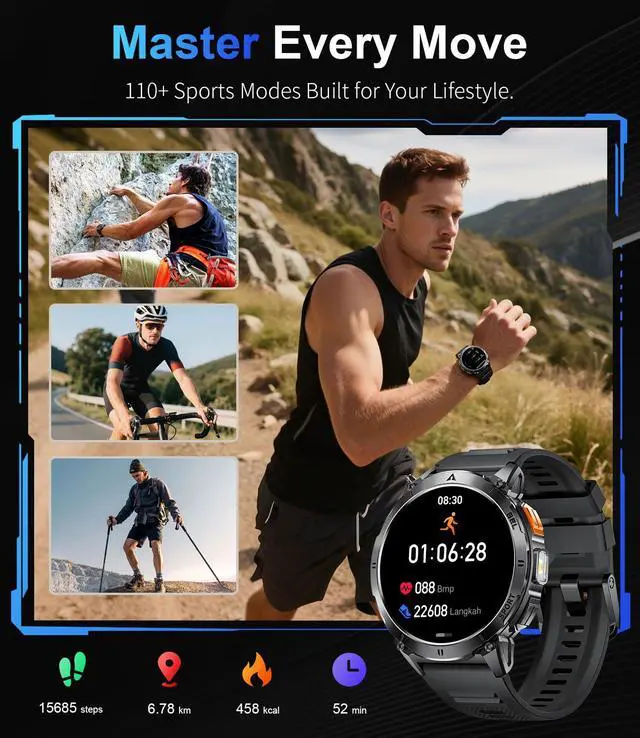 Alt view image 6 of 7 - Military Smart Watches for Men, Smartwatch with 730mAh/1.62" AMOLED Screen/Flashlight/Heart Rate/Sleep/Calling/110+ Sports Mode, Rugged Men's Fitness Tracker Watch for Android iOS,Black