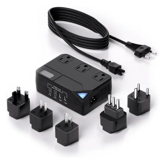Main image of Universal 100V-220V Travel Converter250W Voltage Converter with 2 USB and 2 USB-C Charging Ports and 3 AC Plugs for curlers, straighteners, Included Plugs are Type A, C, D, G, I, L