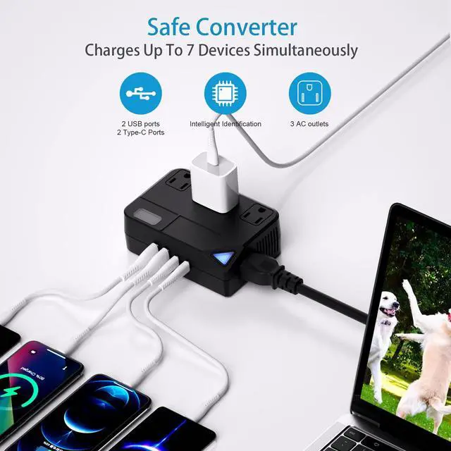 Alt view image 3 of 6 - Universal 100V-220V Travel Converter250W Voltage Converter with 2 USB and 2 USB-C Charging Ports and 3 AC Plugs for curlers, straighteners, Included Plugs are Type A, C, D, G, I, L