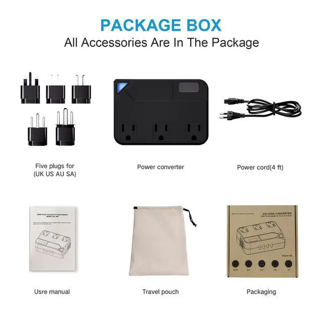 Alt view image 5 of 6 - Universal 100V-220V Travel Converter250W Voltage Converter with 2 USB and 2 USB-C Charging Ports and 3 AC Plugs for curlers, straighteners, Included Plugs are Type A, C, D, G, I, L