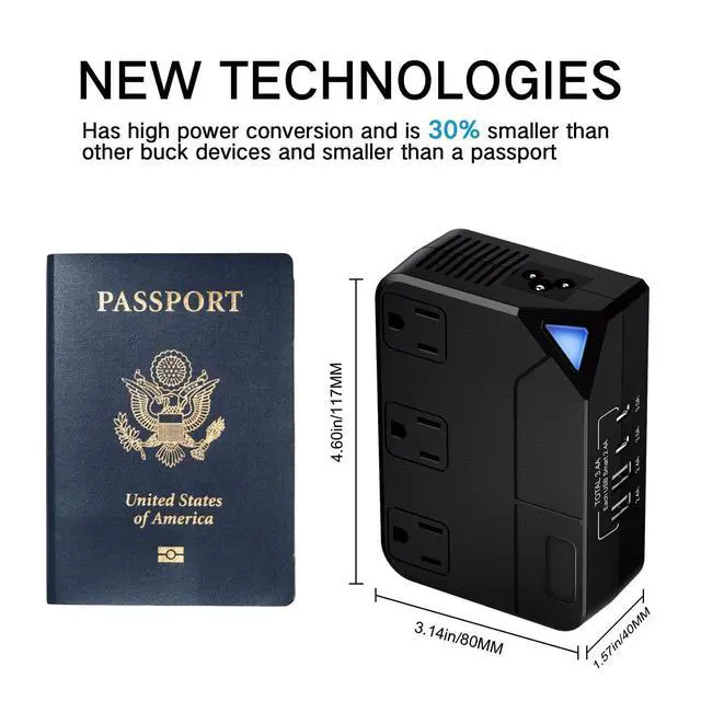 Alt view image 6 of 6 - Universal 100V-220V Travel Converter250W Voltage Converter with 2 USB and 2 USB-C Charging Ports and 3 AC Plugs for curlers, straighteners, Included Plugs are Type A, C, D, G, I, L