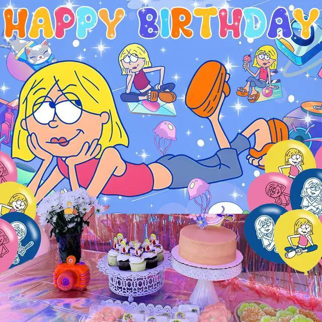 Alt view image 4 of 7 - Lizzie McGuire Birthday Backdrop for Party, Cartoon Girls Happy Birthday Banner Balloons Shoot Photo Backgrounds Props for Fans Adults Photography Backdrop