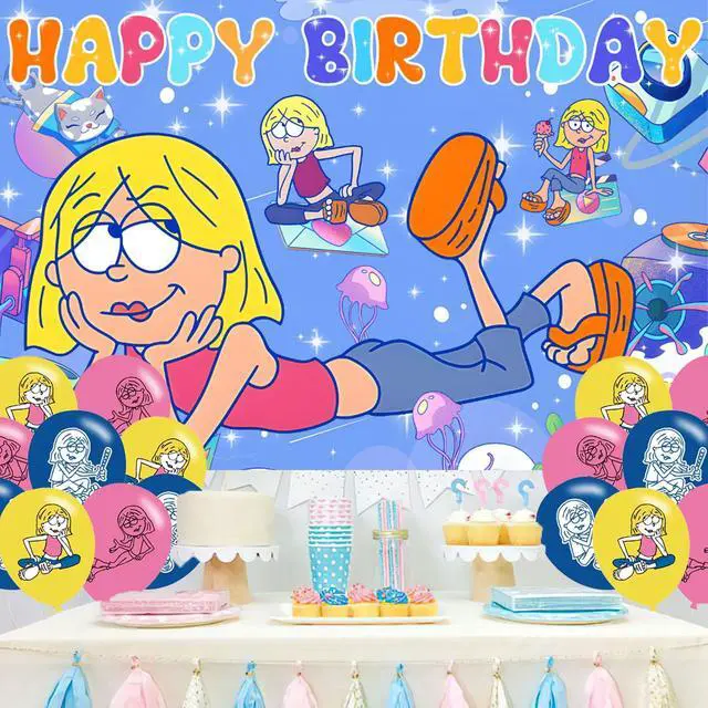 Alt view image 5 of 7 - Lizzie McGuire Birthday Backdrop for Party, Cartoon Girls Happy Birthday Banner Balloons Shoot Photo Backgrounds Props for Fans Adults Photography Backdrop